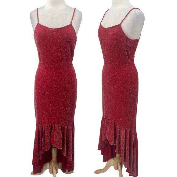 Vintage 90s Sparkle Metallic Knit High Low Gown Maxi Dress Spaghetti Strap Red 8 - Picture 1 of 11